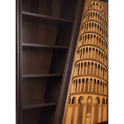 Libreria Palazzi con intarsio che rappresenta la Torre di Pisa con struttura in legno massello con pannelli di listellare lastronato in Noce di Arte Brotto