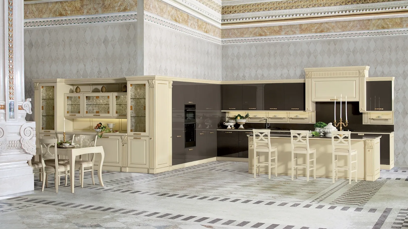 Cucina Classica angolare con isola Mirabeau 02 in laccato Chantilly e Marrone di Veneta Cucine