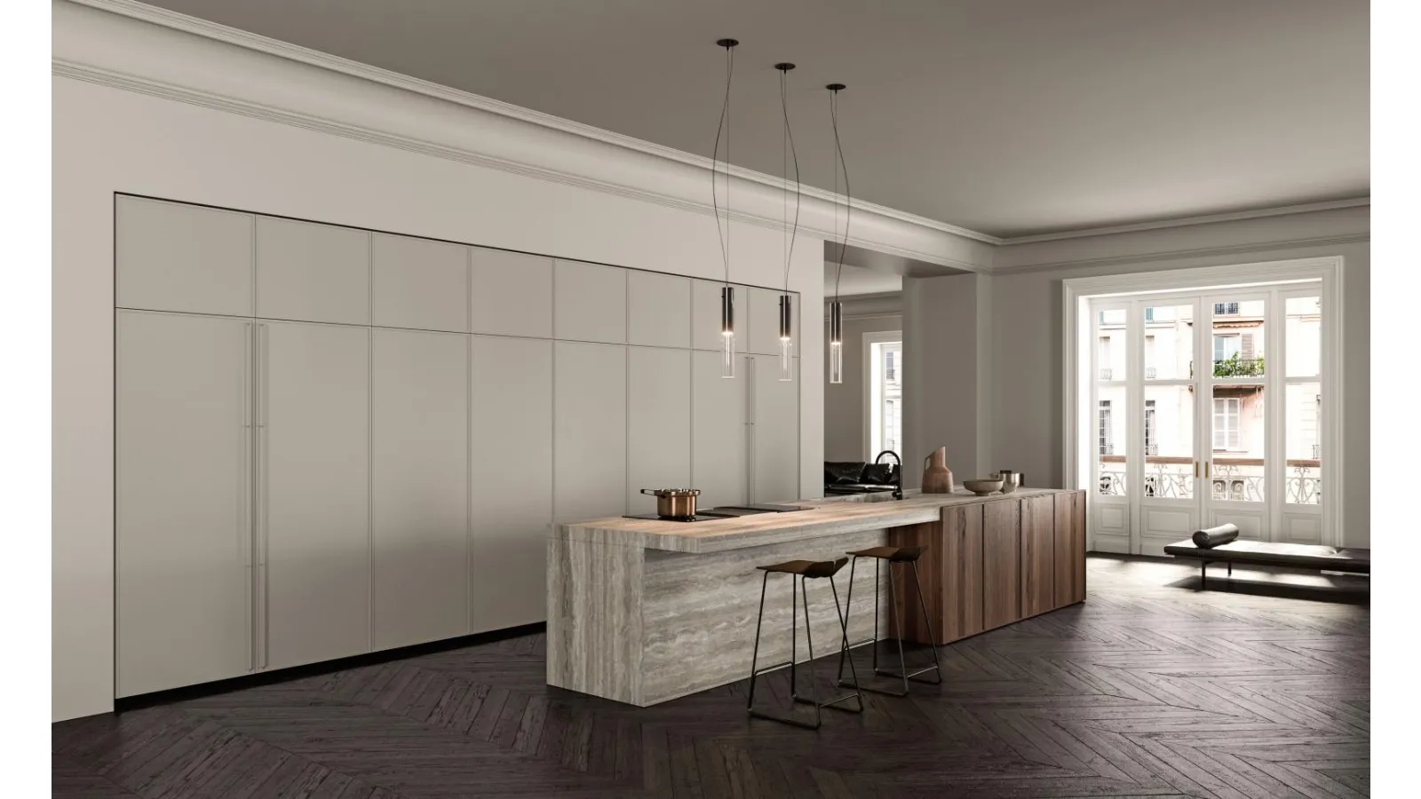 Cucina Design con isola Factory 03 in marmo Travertino e Rovere Gold di Key Cucine