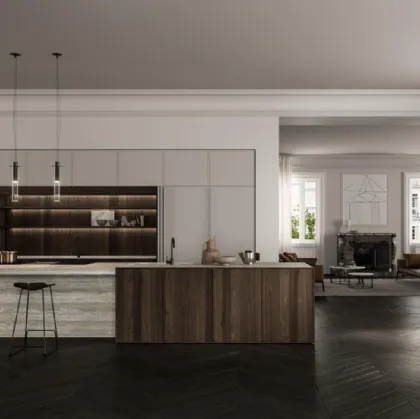 Cucina Design con isola Factory 03 in marmo Travertino e Rovere Gold di Key Cucine