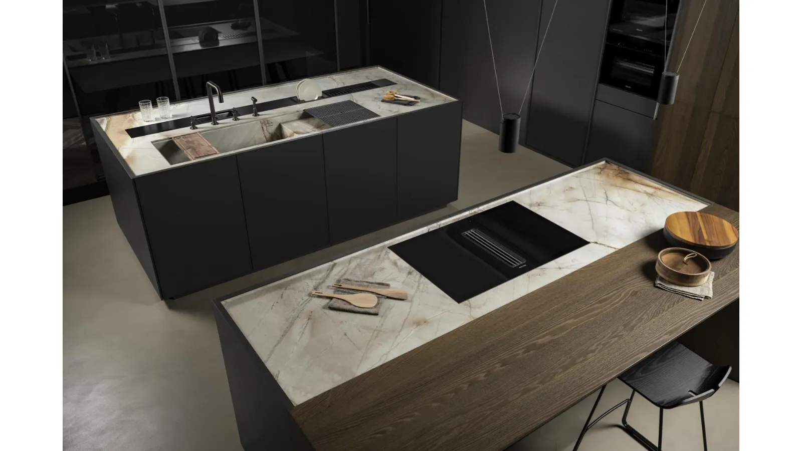 Cucina Design con doppia isola Twins New in laccato opaco e Rovere con top in Quarzite di Key Cucine