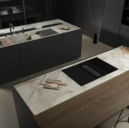 Cucina Design con doppia isola Twins New in laccato opaco e Rovere con top in Quarzite di Key Cucine