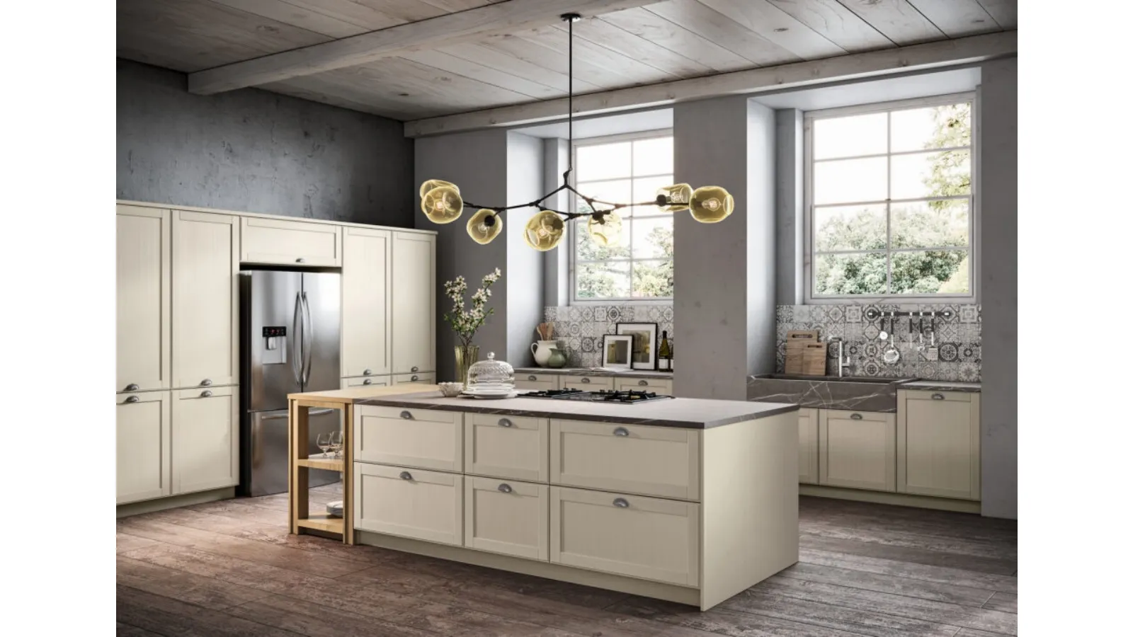 Cucina Moderna con isola in legno laccato Bianco Maestrale M09 di Scandola