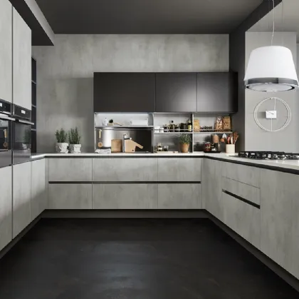 Cucina Moderna con penisola Oyster 08 in melaminico Beton Grigio e laccato Ardesia di Veneta Cucine