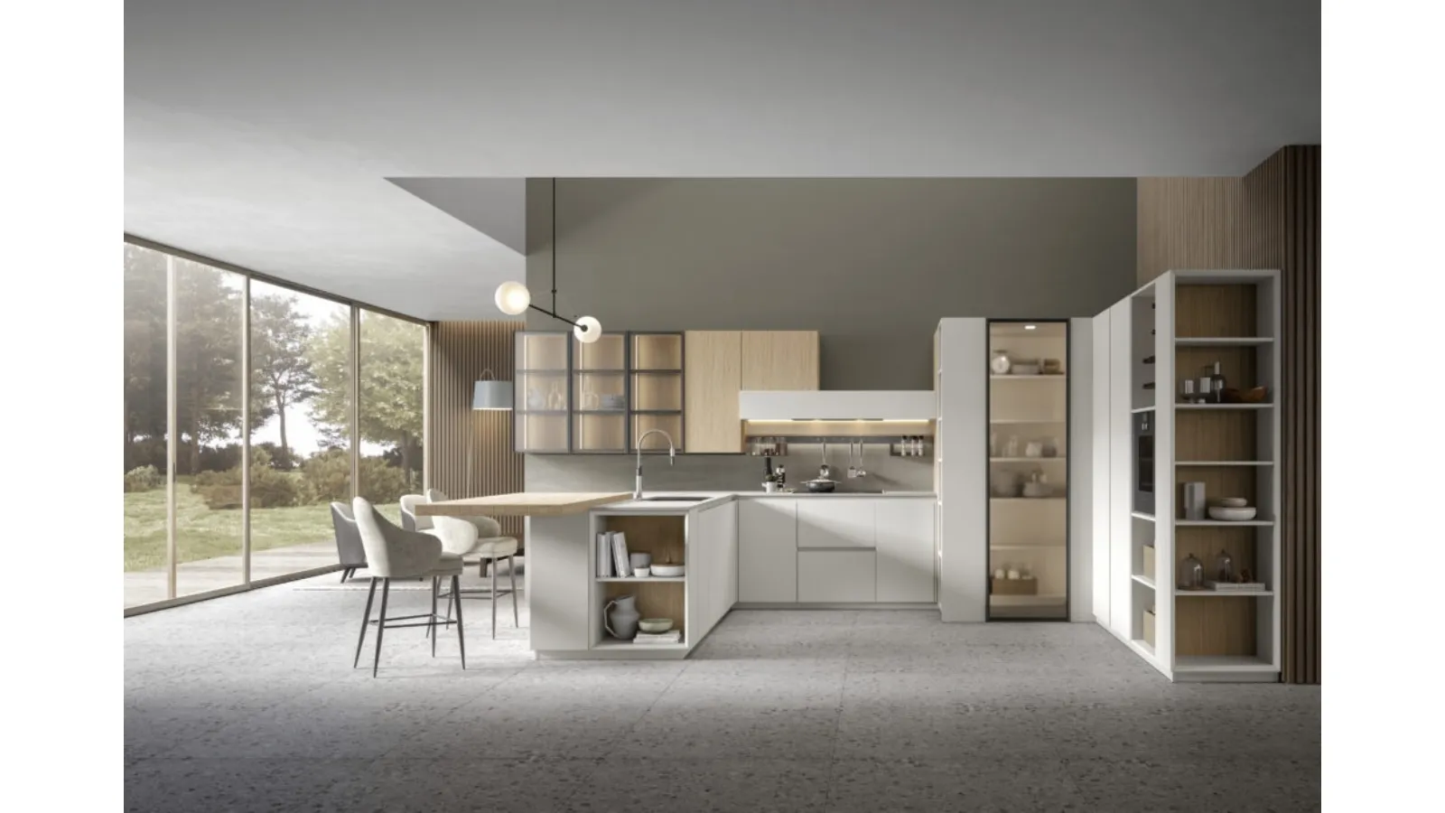 Cucina Moderna con penisola in rovere naturale e finitura bianca Eclettica 02 di Scandola